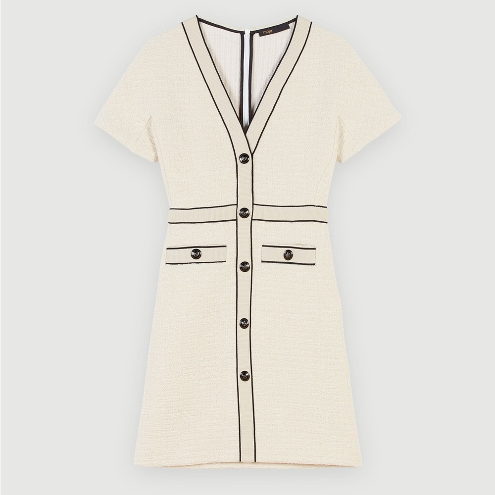 Maje Bouclé-Tweed Mini Dress in Cream Cotton White